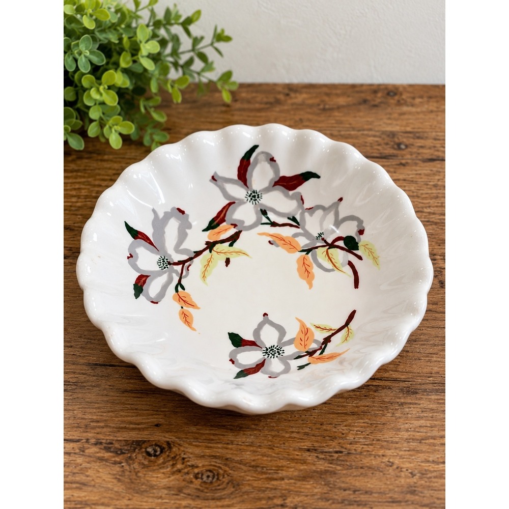 Vintage 1955 Hand Painted Ceramic Scalloped Bowl Ruth Signed Floral 9.5 Inch